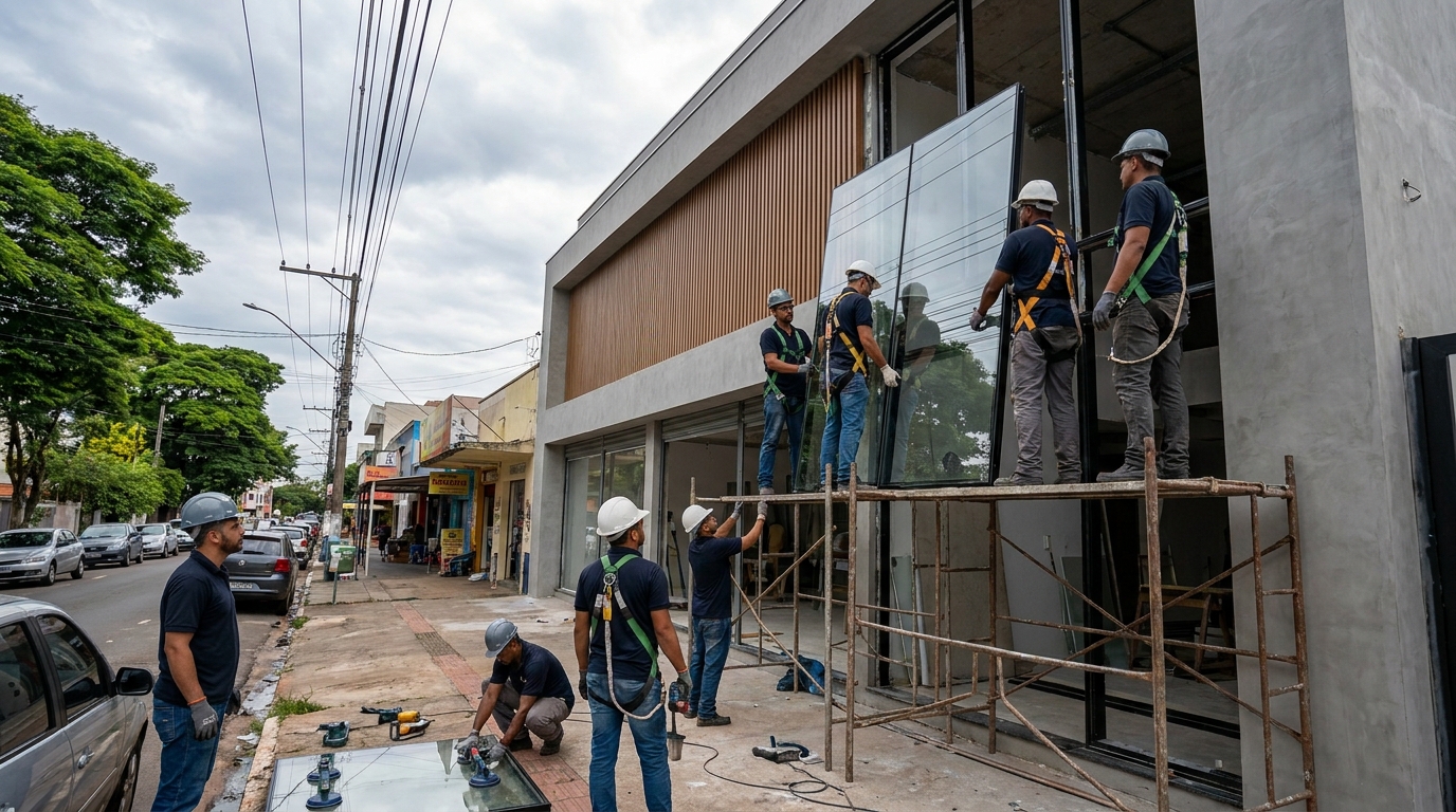 Fachada de vidro com andaime lateral em Itaquaquecetuba-SP