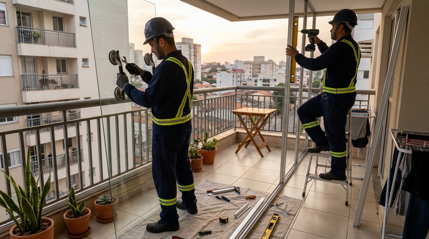 Instalação de parede de vidro em sacada em Itaquaquecetuba-SP